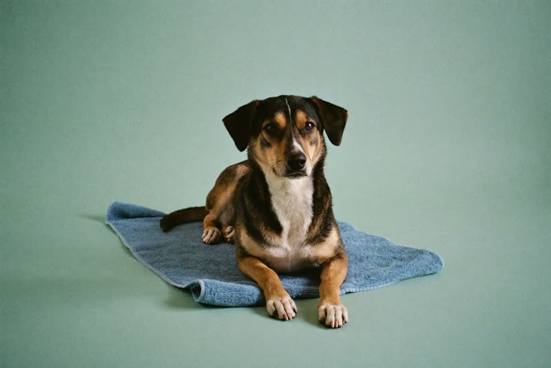 A calm dog settled on a grooming towel